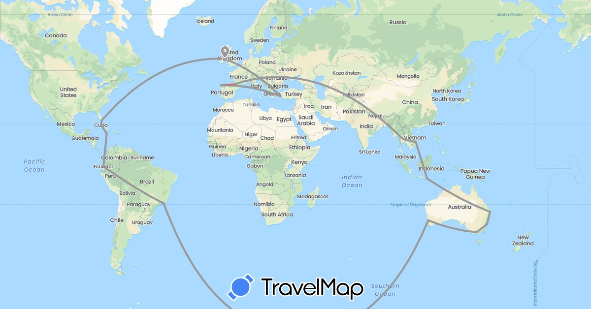 TravelMap itinerary: driving, plane, hiking in Australia, Brazil, Cuba, Ecuador, Spain, France, Indonesia, Ireland, Jamaica, Thailand, Turkey, United States, Vietnam (Asia, Europe, North America, Oceania, South America)